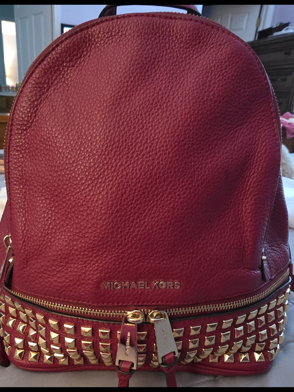MICHAEL KORS RHEA ZIP PYRAMID STUD CHERRY LEATHER  BACKPACK